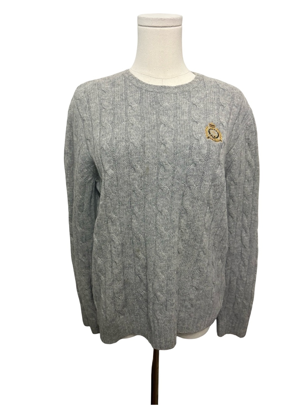 Ralph Lauren Vintage Light Gray Cable-Knit Crewneck Sweater 100% lambs wool